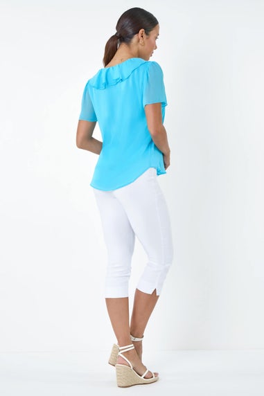 Roman Turquoise Crinkle Textured V-Neck Frill Detail Top