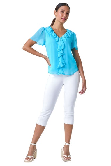 Roman Turquoise Crinkle Textured V-Neck Frill Detail Top