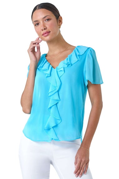 Roman Turquoise Crinkle Textured V-Neck Frill Detail Top