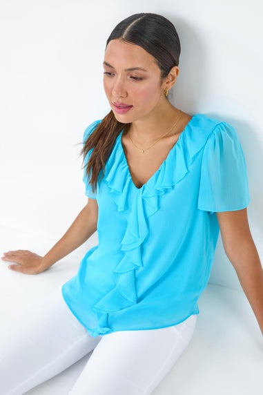Roman Turquoise Crinkle Textured V-Neck Frill Detail Top