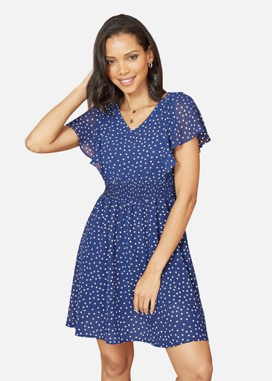 Mela Navy Ruched Waist Spot Print Skater Dress