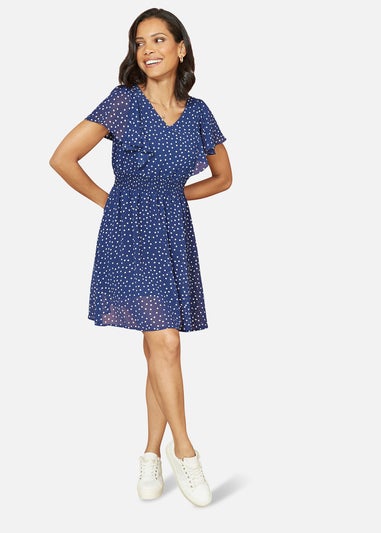 Mela Navy Ruched Waist Spot Print Skater Dress