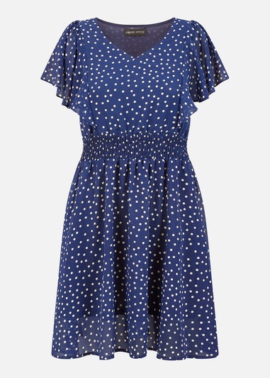 Mela Navy Ruched Waist Spot Print Skater Dress