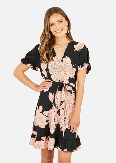 Mela Black Blossom Print Wrap Dress With Puff Sleeves