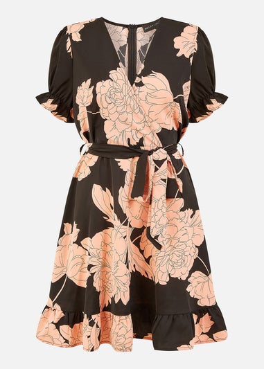 Mela Black Blossom Print Wrap Dress With Puff Sleeves