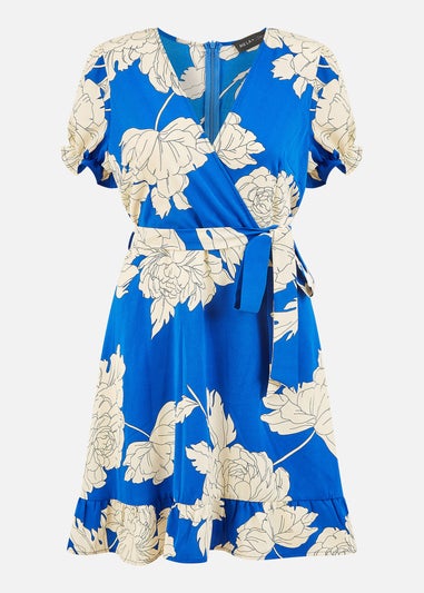 Mela Blue Blossom Print Wrap Dress With Puff Sleeves