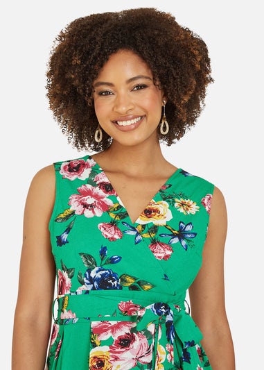 Mela Green Floral Wrap Over Midi Skater Dress