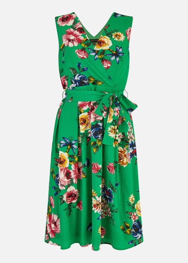 Mela Green Floral Wrap Over Midi Skater Dress