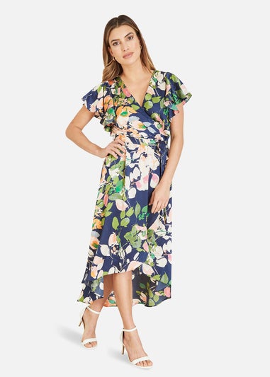 Mela Navy Floral Satin Wrap Over Dress With Frill Sleeve