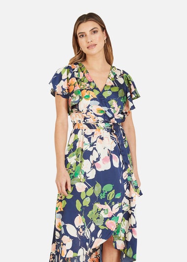 Mela Navy Floral Satin Wrap Over Dress With Frill Sleeve