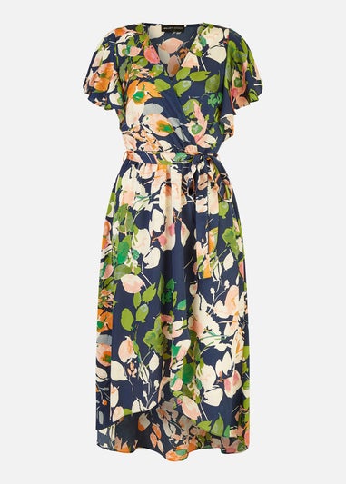 Mela Navy Floral Satin Wrap Over Dress With Frill Sleeve