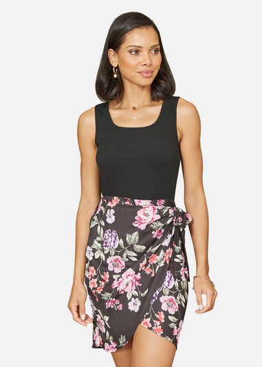 Mela Black Jersey Stretch Top and Woven Floral Skirt Wrap Dress