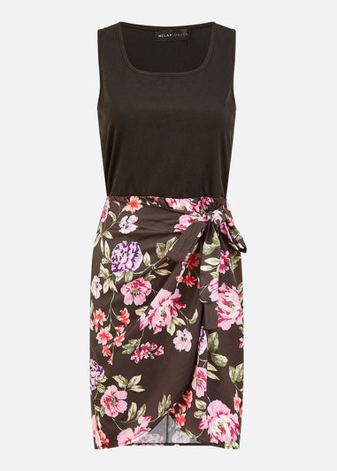 Mela Black Jersey Stretch Top and Woven Floral Skirt Wrap Dress