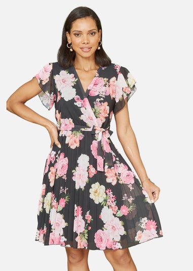 Mela Black Floral Print Pleated Wrap Skater Dress