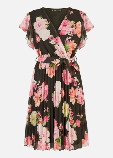 Mela Black Floral Print Pleated Wrap Skater Dress