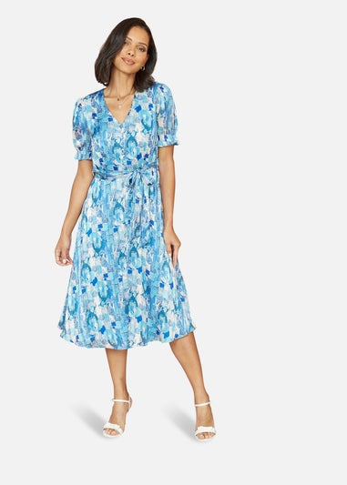 Mela Blue Abstract Print Dress With Pleats And Front Split