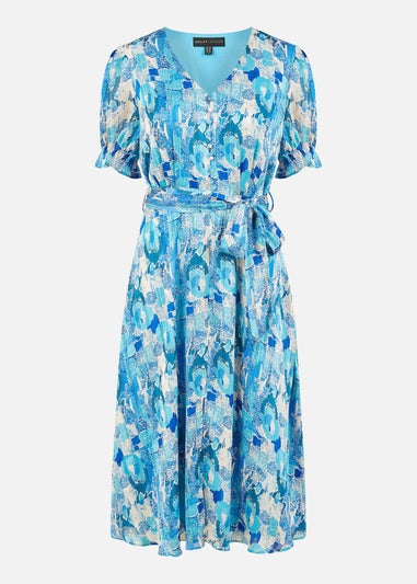 Mela Blue Abstract Print Dress With Pleats And Front Split