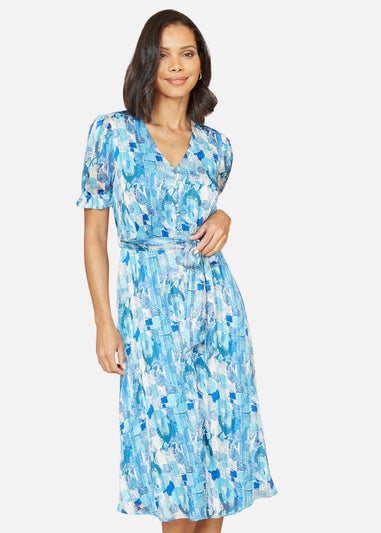 Mela Blue Abstract Print Dress With Pleats And Front Split