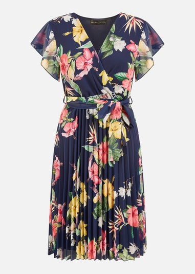 Mela Navy Floral Print Pleated Wrap Skater Dress