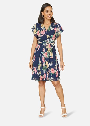 Mela Navy Floral Print Pleated Wrap Skater Dress