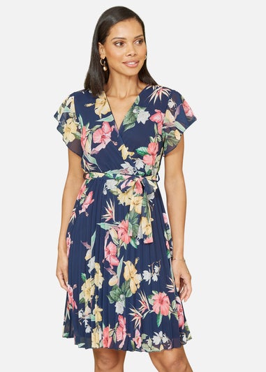 Mela Navy Floral Print Pleated Wrap Skater Dress