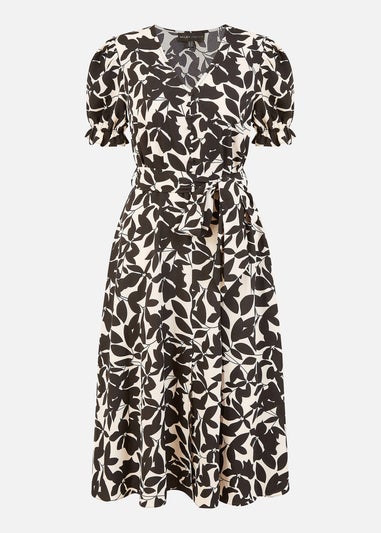 Mela Black And White Leaf Print Midi Tea Dress