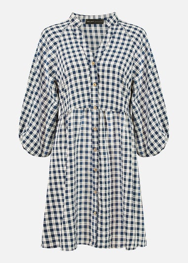 Mela Navy Cotton Checked Button Through Tunic Dress