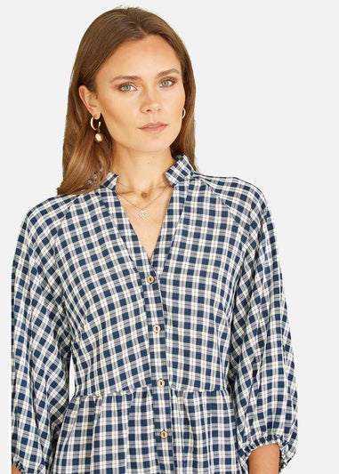 Mela Navy Cotton Checked Button Through Tunic Dress