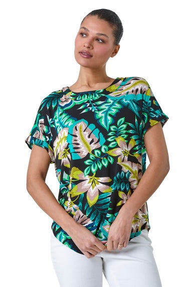 Roman Green Tropical Leaf Print Stretch T-Shirt