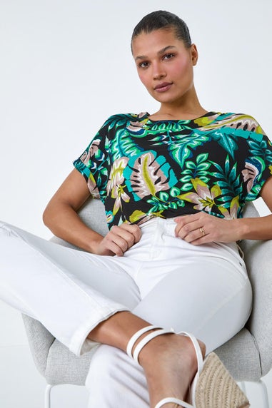 Roman Green Tropical Leaf Print Stretch T-Shirt