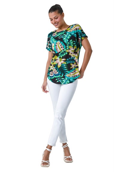 Roman Green Tropical Leaf Print Stretch T-Shirt