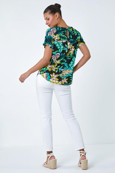 Roman Green Tropical Leaf Print Stretch T-Shirt