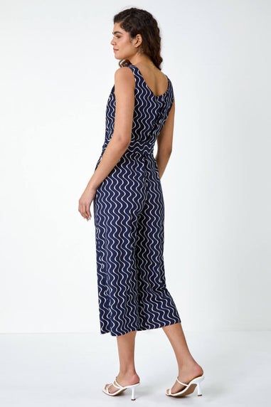 Roman Navy Belted Wave Print Cropped Jumpsuit