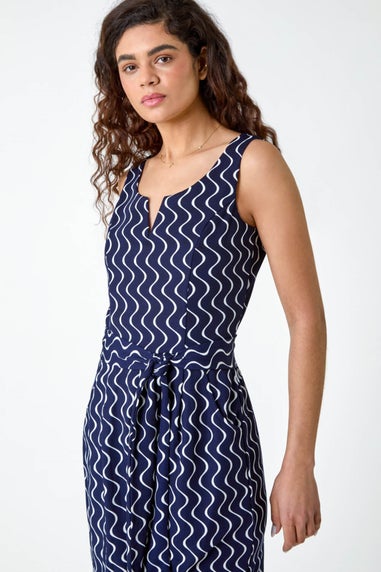 Roman Navy Belted Wave Print Cropped Jumpsuit