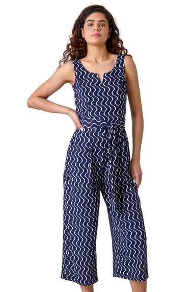 Roman Navy Belted Wave Print Cropped Jumpsuit