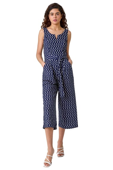 Roman Navy Belted Wave Print Cropped Jumpsuit