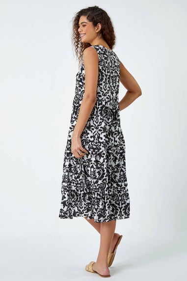 Roman Black  Baroque Tiered Smock Midi Dress