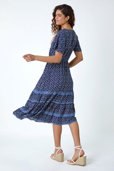 Roman Navy  Geometric Floral Border Print Frill Dress