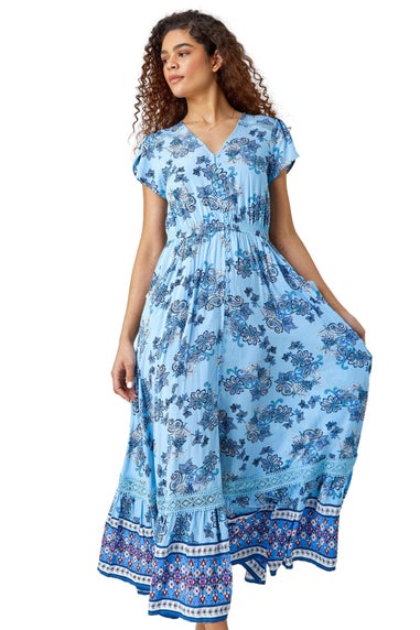 Roman Light Blue Floral Print Shirred Waist Maxi Dress