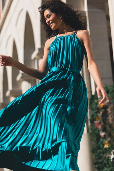 Roman Emerald Sleeveless Pleated Halter Neck Midi Dress