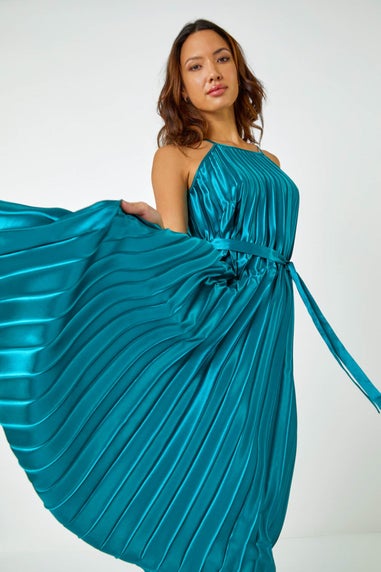Roman Emerald Sleeveless Pleated Halter Neck Midi Dress