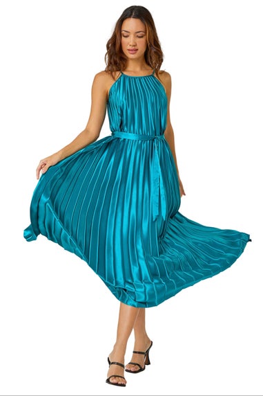 Roman Emerald Sleeveless Pleated Halter Neck Midi Dress