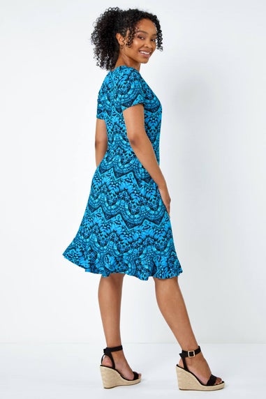 Roman Petite Blue Petite Aztec Tie Detail Wrap Dress