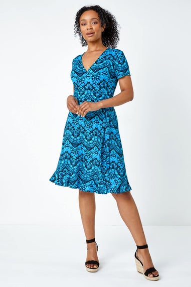 Roman Petite Blue Petite Aztec Tie Detail Wrap Dress