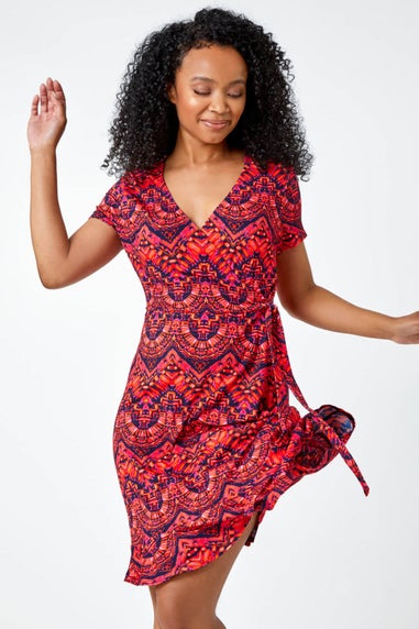 Roman Petite Pink Petite Aztec Tie Detail Wrap Dress