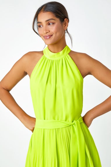 Roman Lime  Halterneck Pleated Chiffon Maxi Dress