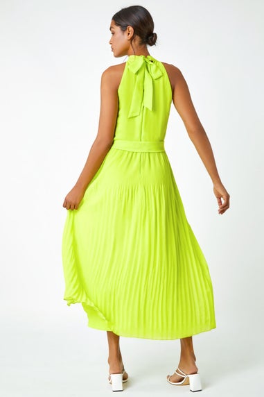 Roman Lime  Halterneck Pleated Chiffon Maxi Dress