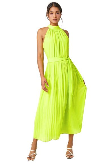 Roman Lime  Halterneck Pleated Chiffon Maxi Dress