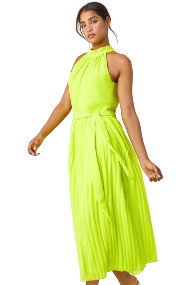 Roman Lime  Halterneck Pleated Chiffon Maxi Dress