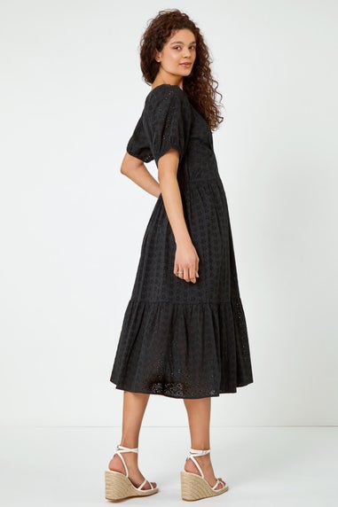 Roman Black Broderie Puff Sleeve Cotton Midi Dress